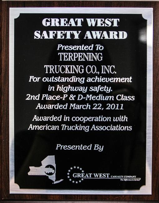 Great West Safety Award 2nd Place P&D-Medium Class